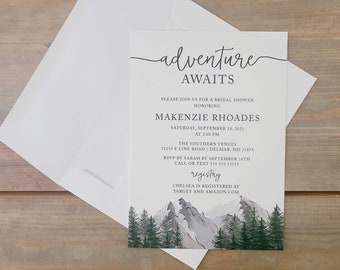 Adventure Awaits Bridal Shower Invitation with Envelopes, Pine Tree Invite, let the adventure begin bridal shower, couples shower, RC0161