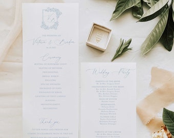 Wedding Ceremony Program, Order of Service, Elegant Monogram Crest, Order of ceremony, Flat Program, french blue, Odette, RC0302