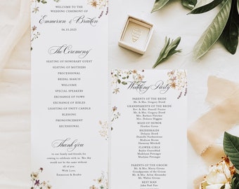 Wildflower Wedding Ceremony Program, Pastel Order of Service, Elegant Monogram Crest, Order of ceremony, Flat Program, Meriah, RC0308