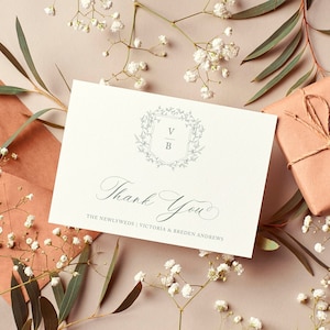 Elegant Thank You Note Card, Elegant Thank You Card with Envelope, Monogram Crest, Pheobe Collection, Wedding Thank You Card, RC0302 image 1