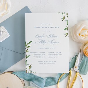 Wedding Rehearsal Dinner Invitation with Envelopes, Rehearsal Dinner Invite, Elegant Invite, Dusty Blue, French Blue, Sibyl, RC0303 image 1