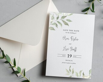 Sage Save the Date Card with Envelope, Classic Greenery Save our Date, Calligraphy Save the Date Card, floral, boho, Ava Collection, RC0224