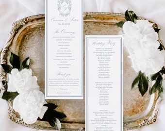 French Blue Wedding Ceremony Program, Flat program, Order of Service, Order of ceremony, Flat Program, Wedding Crest, Elaina, RC0300