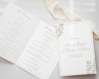 Folded Wedding Program Booklet, Order of Ceremony, Classic Monogram Crest Wedding Program, Traditional Wedding Ceremony, Octavia, RC0302