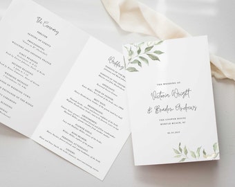 Sage Order of Ceremony Booklet, Greenery Classic Monogram Crest Wedding Program, Traditional Wedding Ceremony, Folded Program, Ava, RC0224