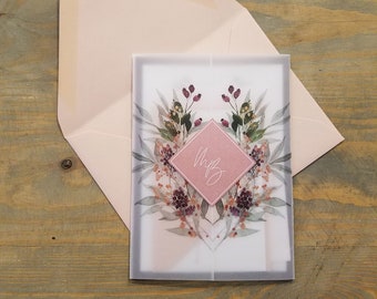 Rose Gold Vellum Wedding Invitation Set with Monogram Crest, Dusty Rose and Taupe Wildflowers Vellum Wedding Invitation Suite, RC20014
