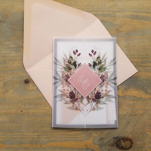 Rose Gold Vellum Wedding Invitation Set with Monogram Crest, Dusty Rose and Taupe Wildflowers Vellum Wedding Invitation Suite, RC20014