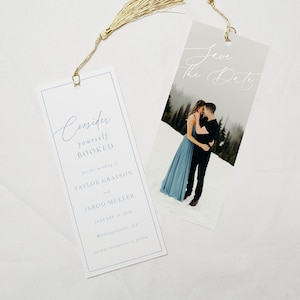 Blue Save the Date Bookmark, Photo Save the Date Card, Book Theme Wedding Invite, Library Theme Bookmark Save the Date, Lilou, RC0002