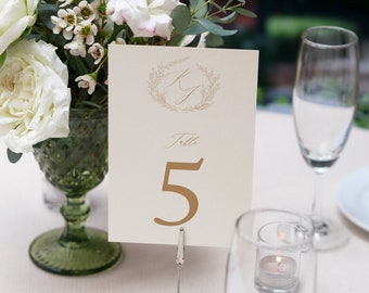 Classic Monogram Crest Wedding Table Numbers, Fern Collection, Calligraphy, Printed Table Numbers, 4x6 or 5 x 7, RC0300