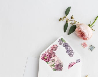 Lilac Wedding Envelope Liner, Vintage Hydrangea Printed Envelope Liners for Wedding Invitations, Purple, Bergen, RC0400