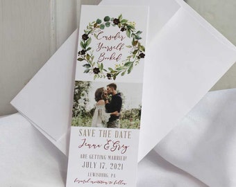 Bookmark Save the Date, Burgundy and Greenery Wreath Save the Date Bookmark, Bookmark Invitation,  greenery wreath wedding save the date