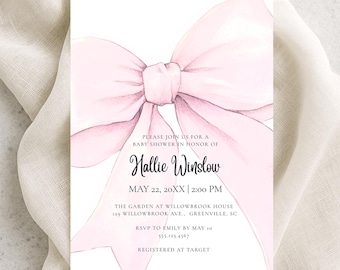 Pink Bow Baby Shower Invitation Template, Baby Girl, Edit in Canva, Digital Download, RC0404