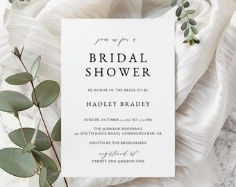 Simple Bridal Shower Invitation Template, Modern Bridal Shower Invite, Printable Invite, Digital Calligraphy Evite, RC260801