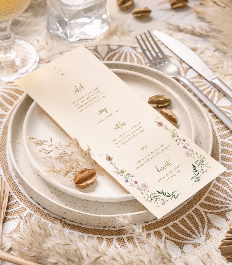 Wedding Menu Card for Reception, Wildflowers, Printed Dinner Menu Card for Wedding, Classic Elegant Wedding Stationery, Summer, RC0307 image 2