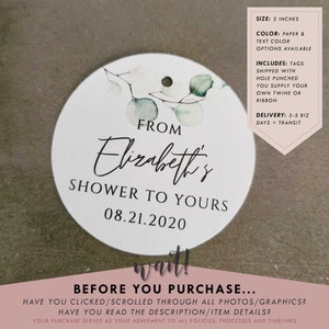 From My Shower to Yours Bridal Shower Favor Tag, 2 inches, Eucalyptus Greenery, Round Party Favor Tag, Baby Shower, Couples Shower, RC0102