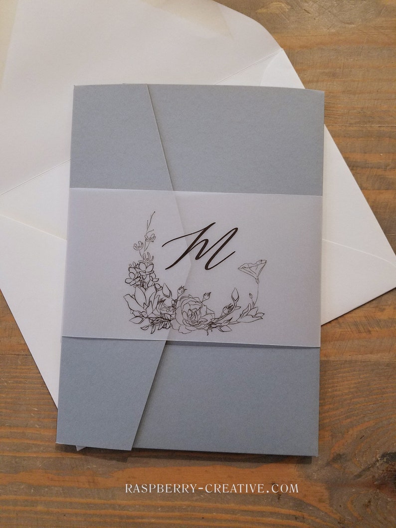Dusty Blue Pocket Wedding Invitation Set Vellum Belly Band Etsy