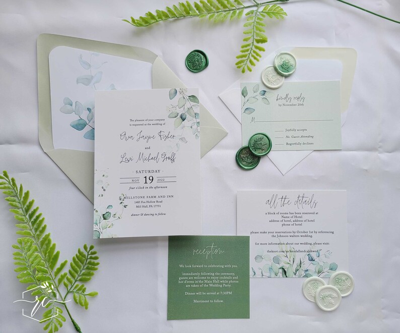 Sage Vellum Wedding Invitation Suite, Eucalyptus Greenery Wedding Invitation with Vellum Sleeve, Wax Seal, Stephanie, RC0102 image 1