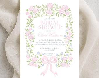 Hydrangea Bridal Shower Invitation, Grandmillennial, Granny Chic, Pink, Blue, Edit in Canva, RC0483