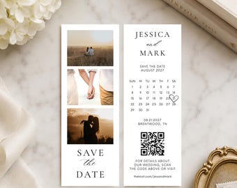 Photo Strip Save the Date Bookmark Template, Bookmark Save the Date, Modern, Digital Download, Edit in Canva, RC260813