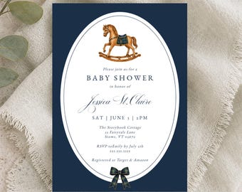 Preppy baby shower uitnodiging met schommelpaardmotief, geruite polo, marineblauw, digitale download, uitnodigingssjabloon, RC0525