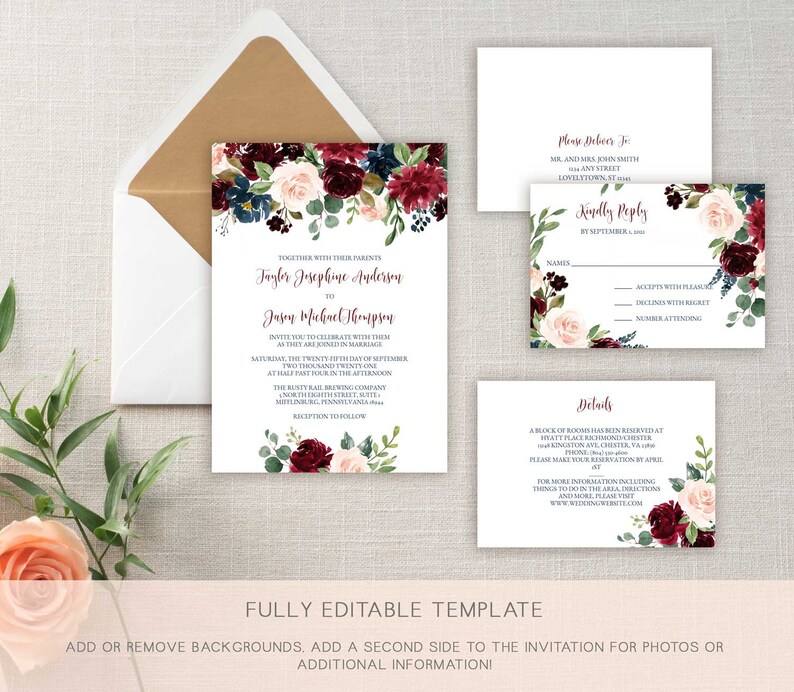 Burgundy and Navy Wedding Invitation Template Watercolor | Etsy