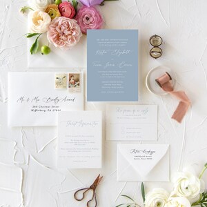 Wedding Invitation Suite with Envelopes, Dusty Blue, Traditional Wedding Invite Set, Elegant Classic, French Blue, Lilou, RC0002