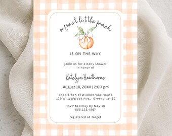 Sweet Little Peach Baby Shower Invitation, Gingham, Digital Download, Edit in Canva, RC0403