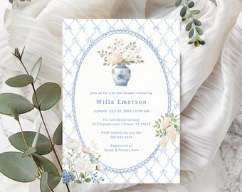 Chinoiserie Blue Bridal Shower Invitation, French Blue Invite, preppy, Digital Download, Champagne, Edit in Templett, RC0482