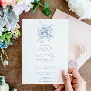 Floral Bridal Shower Invitation with Envelopes, Wedding, Couples Shower Invite, Dusty Blue, Elegant Classic Invite, boho, Tori, RC0304