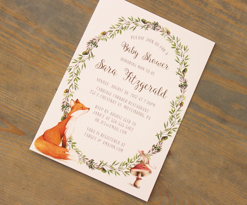 Woodland Baby Shower Invitation Fox and Mouse Baby Shower Invitations Gender Neutral Baby Shower Printed Invitation