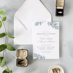 Evergreen Wedding Rehearsal Dinner Invitation with Envelope, Rehearsal Dinner Invite, Winter, Juniper, Winter Greens, Constance, RC2305