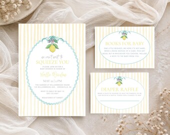 Lemon Squeeze Baby Shower Template Bundle, Stripes, Edit in Canva, Book Request, Books for Baby, Diaper Raffle, Digital Download