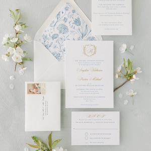French Blue Wedding Invitation Suite with Envelopes, PRINTED, Monogram Crest, Elegant Boho Floral Wedding Invite Set, Camille, RC0101