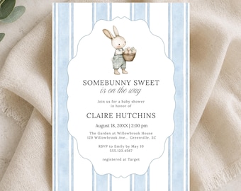 Somebunny Sweet Baby Shower Invitation, Stripes, Blue, Digital Download, Edit in Canva, RC0425