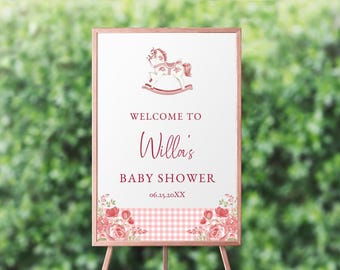 Pink Baby Shower Welcome Sign, Rocking Horse, Pink Gingham Baby Shower Welcome Poster, Fully Editable Text, Instant Download, RC0481