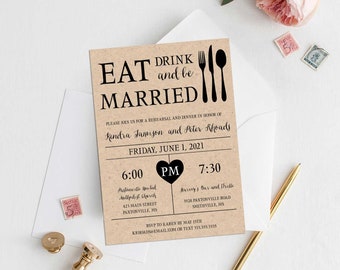 Repetitiediner uitnodiging sjabloon, afdrukbare bruiloft repetitie uitnodiging voor bruiloft, volledig bewerkbaar, eten drinken en trouwen, DIY