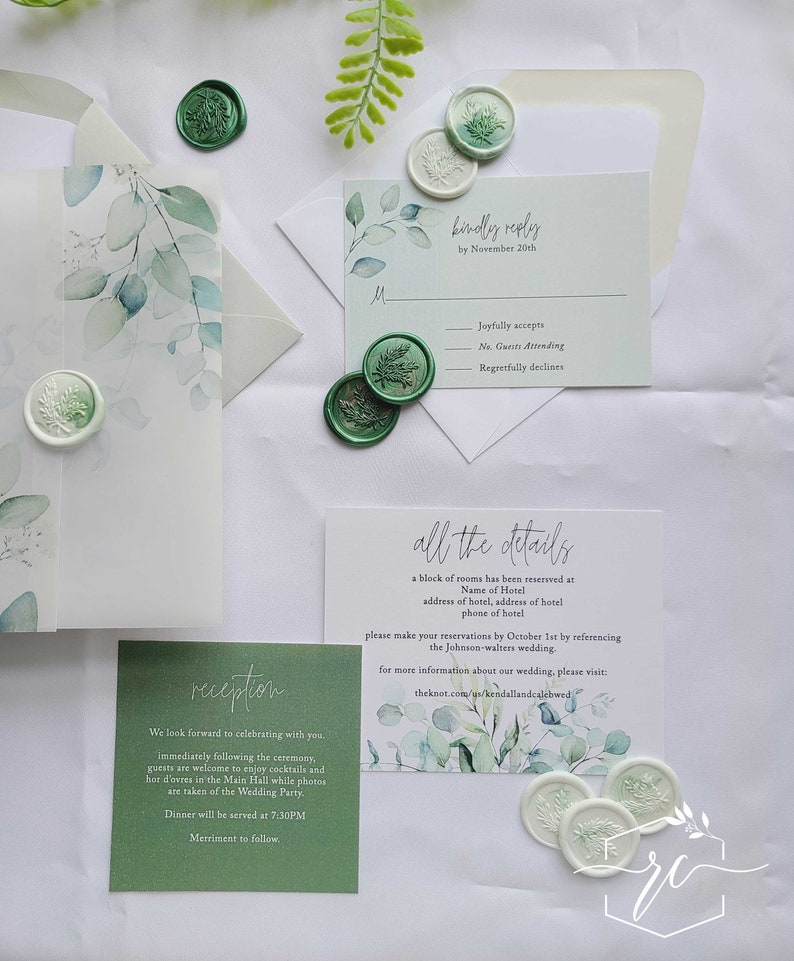 Sage Vellum Wedding Invitation Suite, Eucalyptus Greenery Wedding Invitation with Vellum Sleeve, Wax Seal, Stephanie, RC0102 image 5