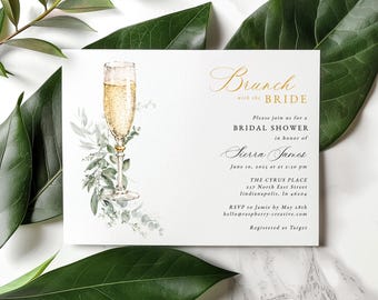 Brunch with the Bride Bridal Shower Invitation Template, Champagne, Greenery, Digital Download, boho floral, Edit in Templett, RC0520