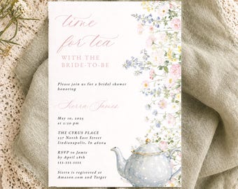 Wildflower Bridal Shower Invitation Template, Time for Tea, Bridal Tea, Digital Download, Champagne, Edit in Templett, RC0467