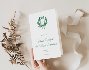 Folded Wedding Program Booklet, Green Order of Ceremony, Classic Monogram Crest Program, Traditional Wedding Ceremony, Juliane, RC2501
