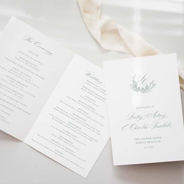 Order of Ceremony Booklet, Classic Monogram Crest Wedding Program, Traditional Wedding Ceremony, Folded Program, Willow, RC0302