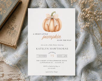 Little Pumpkin Baby Shower Invitation, Orange Gingham bow, Picnic, Digital Download, Canva, RC0434
