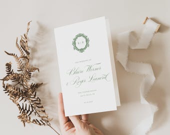 Order of Ceremony Booklet, Monogram Crest Wedding Program, Traditional Wedding Ceremony Program, sage, Caligraphy, Folded, Blaire, RC0324
