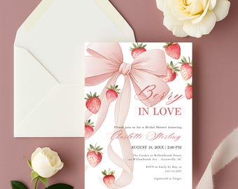 Berry in Love Bridal Shower Invitation, Strawberry Invite, Pink Bow, Edit in Canva, Digital Download, RC0511