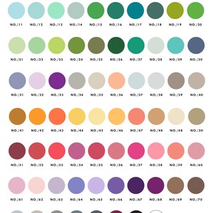 May include: A color chart with 78 different colors, numbered from 1 to 78. The colors are arranged in rows of 10, with the numbers of each color listed below the circle. The chart is titled "Print Color Chart | Flat + Letterpress Color Options".