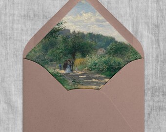 May include: A light brown envelope with a painting of a landscape scene on the front. The painting shows a group of people walking on a path through a forest. The sky is blue with white clouds.