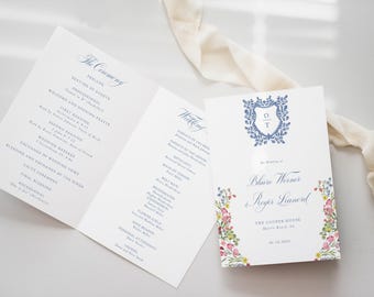 Wedding Program Booklet, Order of Ceremony, Folded Wildflower Wedding Program, Traditional French Blue, Opaline, RC0494