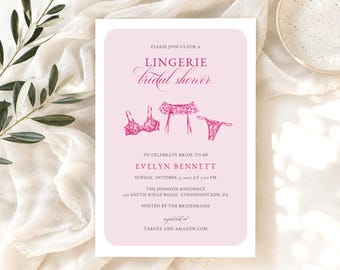 Pink Lingerie Bridal Shower Invitation Template, Printable Bridal Shower Invite, Instant Download, Fully Editable in Templett, RC0477