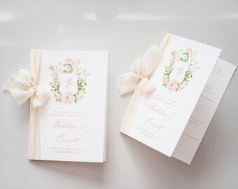 結婚式プログラムパンフレットテンプレート、イベント順序カード印刷可能、TEMPLETT、折りたたみ小冊子、結婚式の紋章、RC0488