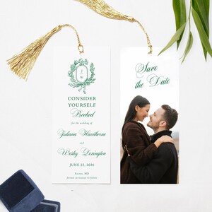 Elegant Save the Date Bookmark, Photo Save the Date, Vintage Book Theme Wedding, Library Theme Bookmark, Wedding Crest, Juliane, RC2501
